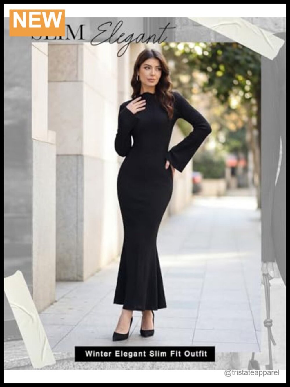 Women Long Sleeve Maxi Dress Ribbed Knit Bodycon Flare Sleeve Crew Neck Fitted - Picture 5 of 5